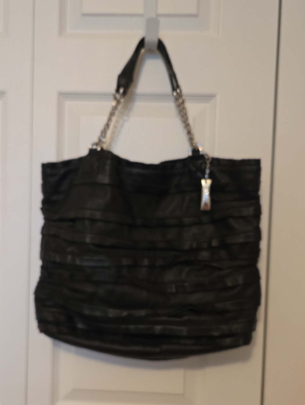 DKNY Black Ruffled Leather Tote Bag with Chain Strap